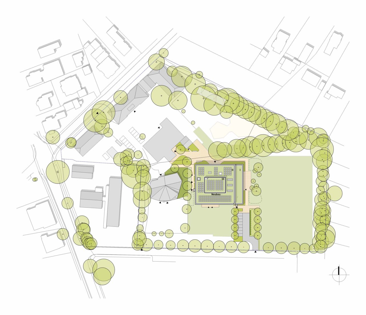 Der Lageplan zeigt die Verortung des Erweiterungsbaus zwischen den Bestandsgebäuden.