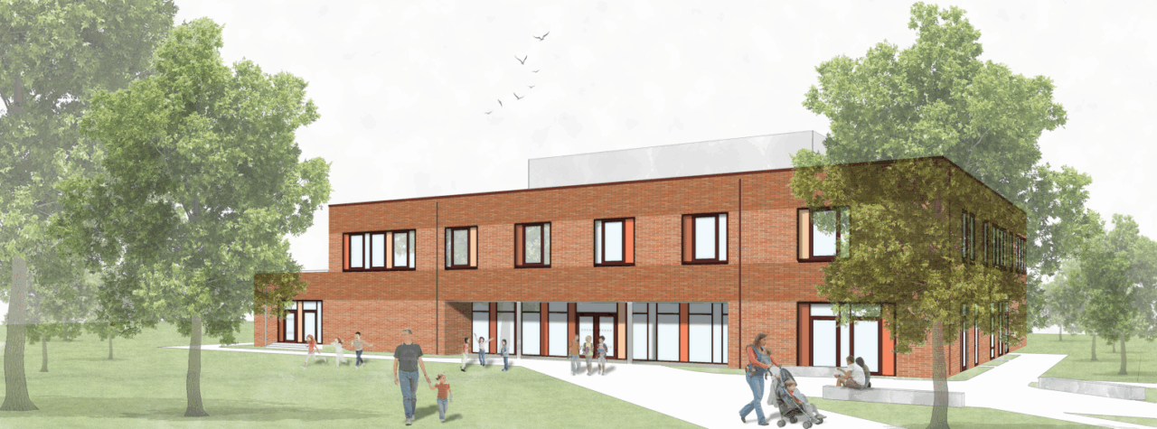 Der kompakte Neubau erweitert die Grundschule Deichhorst und den Waldorf-Kindergarten Delmenhorst.