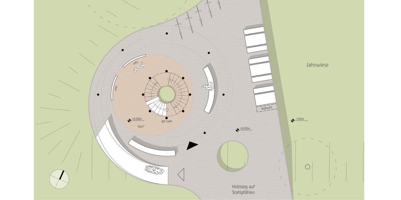 Der Aussichtsturm in den Lippeauen ist über eine Rampe für Rollstuhlfahrer bis zur ersten Aussichtsplattform zugänglich. Der Grundriss zeigt den Verlauf des barrierefreien Holzstegs.
